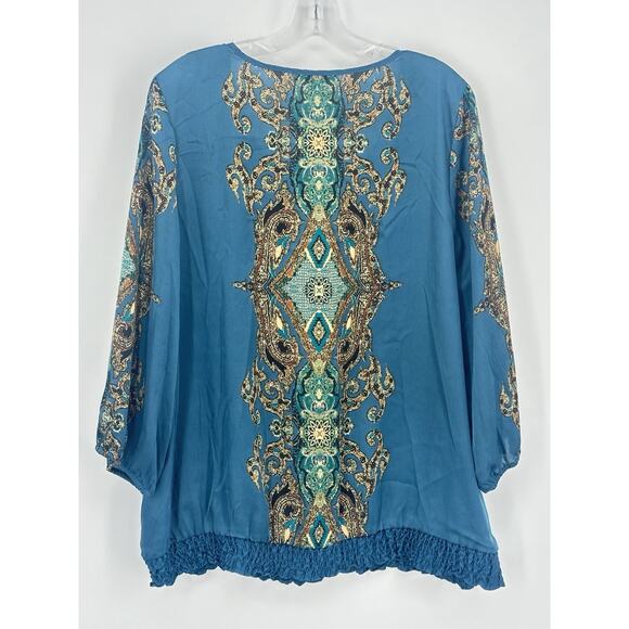 Roz & Ali Womens Boho 1X Teal Baroque Print Blouse 3/4 Sleeve Bubble Hem Top - Picture 7 of 16
